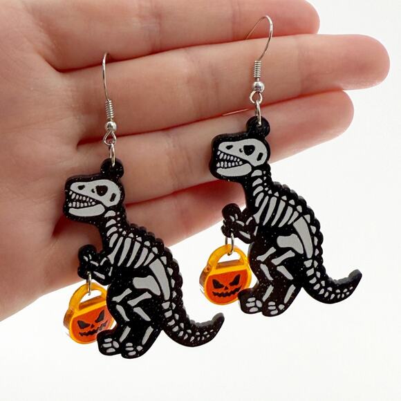Skelton Trick Or Treat T-Rex Earrings, Halloween Earrings, Dino Earrings - Picture 4 of 4